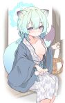  1girl absurdres animal_ear_fluff animal_ears bath_yukata blue_archive blue_halo blue_haori blush border bottle breasts breasts_apart closed_mouth collarbone dual_wielding feet_out_of_frame green_hair halo hand_up haori highres holding holding_bottle indoors japanese_clothes kazuki-p555 kimono light_smile long_sleeves looking_at_viewer low_twintails medium_breasts medium_hair no_bra official_alternate_costume official_alternate_hairstyle purple_hair shigure_(blue_archive) shigure_(hot_spring)_(blue_archive) short_twintails sitting solo split_mouth tail tail_raised twintails weasel_ears weasel_girl weasel_tail white_border white_kimono wide_sleeves yagasuri yukata 