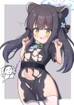  1girl animal_ear_fluff animal_ears black_dress black_hair black_panties blue_archive blue_halo blush bow bow_panties breasts china_dress chinese_clothes commentary_request doodle_sensei_(blue_archive) dress extra_ears green_eyes grey_background halo highres long_hair navel no_bra paid_reward_available panties pelvic_curtain sensei_(blue_archive) short_dress short_sleeves shun_(blue_archive) shun_(small)_(blue_archive) simple_background small_breasts thighhighs torn_clothes torn_dress twintails underwear white_thighhighs yuchiberu 