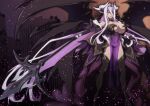  1girl absurdly_long_hair absurdres aoi_tabane armor bare_shoulders black_sclera black_thighhighs black_wings breasts castle choker cleavage colored_sclera corruption covered_navel crown dark-skinned_female dark_persona dark_skin demon_girl demon_horns demon_tail demon_wings dress full_body gloves hair_between_eyes high_heels highres holding holding_polearm holding_weapon horns huge_breasts kouyoku_senki_exs-tia large_breasts long_hair looking_at_viewer luxiel_(kouyoku_senki_exs-tia) multiple_wings open_mouth oversized_wings pelvic_curtain pink_hair pointy_ears polearm purple_dress purple_eyes purple_hair see-through_clothes solo spear standing tail thighhighs very_long_hair weapon wings 