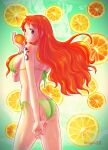  1girl arm_tattoo bikini breasts commentary_request cowboy_shot food fruit green_bikini highres holding holding_food long_hair looking_back mandarin_orange mandarin_orange_slice nami_(one_piece) one_piece orange_eyes orange_hair oregano551 sidelocks solo swimsuit tattoo underboob 