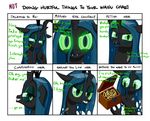  2014 box changeling comic deusexequus dialog english_text fangs female friendship_is_magic glowing glowing_eyes gold green_eyes green_hair hair holes horn looking_at_viewer mind_control my_little_pony plain_background queen_chrysalis_(mlp) ring slit_pupils solo text wedding_ring white_background 