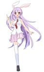  animal_ears bunny_ears dress_shirt hand_up highres leg_lift leg_up long_hair looking_at_viewer necktie open_mouth pleated_skirt pointing pointing_up purple_hair red_eyes red_neckwear reisen_udongein_inaba shirt shoes skirt sleeveless sleeveless_shirt smile solo standing standing_on_one_leg thighhighs touhou very_long_hair white_legwear white_shirt yukina_(masyumaro610) 
