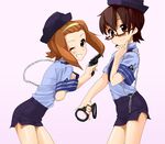  armband brown_eyes brown_hair cosplay cuffs female_service_cap glasses grin gun hairband handcuffs hat k-on! kaisen_chuui manabe_nodoka multiple_girls one_eye_closed pencil_skirt police police_uniform policewoman red-framed_eyewear semi-rimless_eyewear short_hair skirt smile tainaka_ritsu under-rim_eyewear uniform weapon yellow_hairband 