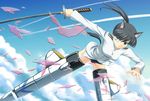  animal_ears athrun1120 bad_id bad_pixiv_id black_hair cloud condensation_trail day eyepatch flying ponytail sakamoto_mio solo strike_witches striker_unit sword tail uniform weapon world_witches_series yellow_eyes 