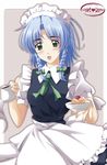  blue_hair braid food green_eyes hairband highres izayoi_sakuya maid solo touhou twin_braids zixia_(msl) 