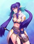  aqua_background bad_id bad_pixiv_id blue_hair breasts cleavage gloves judith large_breasts long_hair okmr pencil_skirt pointy_ears polearm red_eyes skirt solo staff tales_of_(series) tales_of_vesperia twintails weapon 