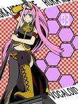  armlet belt black_legwear black_skirt blue_eyes blush boots cross-laced_footwear hexagon holding knee_boots long_hair looking_at_viewer megurine_luka microphone navel number pink_hair side_slit skirt smile solo stomach thighhighs tsukeyakiba very_long_hair vocaloid 