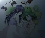  1girl ai-kun bad_id bad_pixiv_id blanket blue_hair closed_eyes controller couple game_controller gen_(enji) green_hair hetero macross macross_frontier pillow ranka_lee saotome_alto sleeping strap_slip vajra 