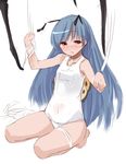  aka_ume antennae barefoot blue_hair flat_chest insect_girl long_hair monster_girl one-piece_swimsuit original red_eyes school_swimsuit solo swimsuit white_school_swimsuit white_swimsuit 