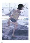  absurdres bird child copyright_request highres muted_color ocean rock sandals seagull short_hair solo takamichi water 