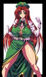  blue_eyes braid breasts cleavage curvy elbow_gloves gloves hair_ribbon hat hong_meiling huge_breasts kloah long_hair no_panties red_hair ribbon solo thick_thighs thighs touhou twin_braids 