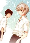  brown_eyes brown_hair hijiri_ruka ikari_shinji male_focus multiple_boys nagisa_kaworu neon_genesis_evangelion red_eyes school_uniform silver_hair 