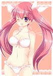  bikini breasts cleavage hair_ribbon large_breasts long_hair navel neko_(natsuiroclassic) one_eye_closed original pink_hair purple_eyes ribbon smile solo summer swimsuit twintails 