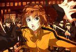  6+boys beatrix_kiddo blood blue_eyes blurry bruce_lee's_jumpsuit crazy_88 depth_of_field highres katana kill_bill kitano_yuusuke lips multiple_boys open_mouth orange_hair severed_hand sword weapon 