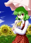  ascot bococho breasts day field flower flower_field green_hair kazami_yuuka large_breasts nature plaid plaid_skirt plaid_vest red_eyes short_hair skirt skirt_set sky smile solo sunflower touhou umbrella vest 