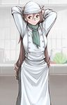  apron arms_behind_head arms_up ascot bandana blush breasts brown_eyes brown_hair cabbage casual chef glasses kitchen large_breasts long_hair older rozen_maiden scarf sleeves_rolled_up smile solo suiseiseki tsuda_nanafushi very_long_hair 