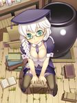  ar_tonelico ar_tonelico_ii between_breasts book box braid breasts cauldron cleavage from_above garters glasses green_eyes hat large_breasts mole mole_under_eye necktie sitting smile solo spica_neal terumii thighhighs white_hair 