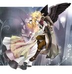  1girl angel_wings blonde_hair blue_eyes boots brother_and_sister coat dress elbow_gloves gloves hair_ribbon holding_hands kagamine_len kagamine_rin mizuno_eita ponytail ribbon short_hair siblings twins vocaloid white_dress wings 
