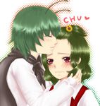  antennae bad_id bad_pixiv_id blush cape face flower forehead forehead_kiss geike green_hair kazami_yuuka kiss multiple_girls red_eyes short_hair touhou vest wriggle_nightbug 