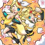  1girl animal_ears blonde_hair blue_eyes brother_and_sister detached_sleeves fox_ears fox_tail hair_ornament hairband hairclip hououji_arashi kagamine_len kagamine_rin kemonomimi_mode leaf leaf_on_head necktie short_hair shorts siblings tail twins vocaloid yellow_neckwear 