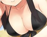  adjusting_hair akiyama_mio bikini black_bikini breasts cleavage close-up closed_mouth front-tie_top head_out_of_frame k-on! large_breasts lipstick makeup skindentation smile solo swimsuit u_(the_unko) 