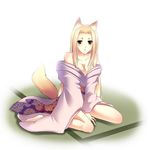  animal_ears barefoot blonde_hair blush breasts cleavage fox_ears fox_tail green_eyes japanese_clothes kanraku kimono kimono_pull large_breasts long_hair off_shoulder original short_eyebrows sitting solo tail tatami wariza 