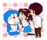  1girl :d bad_id bad_pixiv_id chibi crossover doraemon doraemon_(character) hakoda_eko hug kita_high_school_uniform kyon open_mouth school_uniform smile suzumiya_haruhi suzumiya_haruhi_no_yuuutsu 