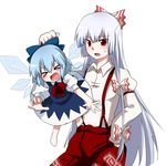  &gt;_&lt; bad_id bad_pixiv_id barefoot blue_hair cirno closed_eyes fujiwara_no_mokou hair_ribbon hand_on_hip holding long_hair marimo_danshaku multiple_girls open_mouth red_eyes ribbon short_hair simple_background size_difference suspenders touhou wings 