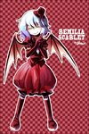  alternate_costume bat_wings blue_hair character_name checkered checkered_background closed_eyes elbow_gloves fang gloves hands_together hat mini_hat mini_top_hat nightea own_hands_together remilia_scarlet short_hair smile solo striped striped_legwear thighhighs top_hat touhou wings 