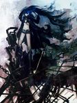  arm_cannon belt bikini_top black_hair black_rock_shooter black_rock_shooter_(character) blue_eyes boots burning_eye chain checkered glowing glowing_eyes highres huke knee_boots long_hair pale_skin scar short_shorts shorts solo twintails weapon zipper 