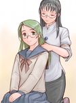  bespectacled brushing_another's_hair glasses green_eyes green_hair hair_brush hair_brushing hair_ornament hairclip kanaria kneeling kusabue_mitsu multiple_girls older rozen_maiden school_uniform serafuku sleeves_rolled_up smile tsuda_nanafushi 