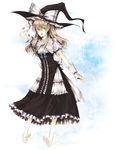  bad_id bad_pixiv_id barefoot blonde_hair curiosities_of_lotus_asia dress feet hair_ribbon hat highres kirisame_marisa long_hair ribbon shiren_(monochrome_structure) smile solo touhou witch witch_hat yellow_eyes 