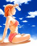  arm_support barefoot bikini bottle cloud day feet kow_(k.) original pointy_ears profile red_hair shading_eyes sitting sketch sky solo swimsuit 