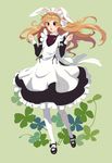  animal_ears blush brown_hair bunny_ears dress highres long_hair maid noel0 original red_eyes solo thighhighs white_legwear 