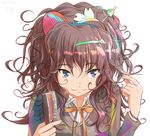  1girl :3 absurdres bad_id bad_pixiv_id blue_eyes bracelet brown_hair comb copyright_request flower hair_brush hair_flower hair_ornament hairclip highres jewelry long_hair messy_hair ribbon school_uniform smile solo 