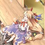  blonde_hair chain closed_eyes fang gourd happy horns ibuki_suika long_hair petals porch shoes single_shoe sitting socks solo touhou veranda wrist_cuffs yui_(imprinting) 