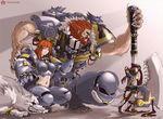  1girl adeptus_astartes armor axe beard breasts circle_a claws couple facial_hair genderswap genderswap_(mtf) heresy hetero large_breasts midriff pointy_ears power_fist red_hair space_wolves warhammer_40k weapon wolf 