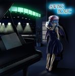  album_cover alternate_costume bag bar bat_wings blue_hair contemporary cover dress flower formal grand_piano hair_flower hair_ornament handbag hat instrument jewelry necklace piano red_eyes remilia_scarlet short_hair solo touhou tsukimido wings 