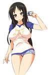  akiyama_mio bangs black_hair blue_eyes blunt_bangs breasts camera english hime_cut k-on! large_breasts long_hair nekomamire raglan_sleeves shorts smile solo thighs 