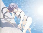  absurdres ayanami_rei barefoot bikini blue_hair breast_press breasts cleavage duplicate highres hiramatsu_tadashi leaning_forward medium_breasts navel neon_genesis_evangelion official_art pale_skin photo_background pool pool_ladder poolside red_eyes scan shadow short_hair solo striped striped_bikini sunlight swimsuit 