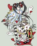  alice_in_wonderland bad_source black_hair blue_eyes bow clock dress frills gothic_lolita heart lolita_fashion rannsama ribbon solo striped striped_legwear striped_ribbon thighhighs 