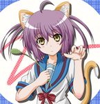  animal_ears bangs brown_eyes cat_ears cat_tail cat_teaser kita_high_school_uniform nagato_yuki paw_pose purple_hair school_uniform serafuku short_hair solo suzumiya_haruhi_no_yuuutsu tail takumi_(rozen_garten) 