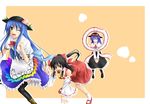  black_hair blue_hair capelet closed_eyes food frills fruit hakurei_reimu hat hinanawi_tenshi kirisaki_byakko leaf multiple_girls nagae_iku peach purple_hair shawl thighhighs touhou 