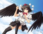  athrun1120 bad_id bad_pixiv_id black_hair black_wings cloud day flying hat looking_at_viewer notebook pencil red_eyes shameimaru_aya skirt sky solo thighhighs tokin_hat touhou wings wooden_pencil 