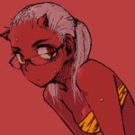  animal_print bad_id bad_pixiv_id bikini_top copyright_request demon_girl face freckles glasses horns lowres oni oomori_harusame red_eyes red_oni red_skin solo sweat tiger_print 
