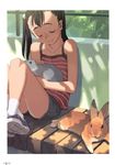  absurdres bunny child closed_eyes copyright_request dappled_sunlight flat_chest highres shorts sitting smile solo sunlight takamichi 
