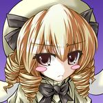  :&lt; bad_id bad_pixiv_id banned_artist blonde_hair blush blush_stickers bow bowtie close-up closed_mouth drill_hair face hat luna_child no_nose red_eyes short_hair solo toshizaki_shouma touhou wings 