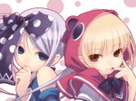  blonde_hair detached_sleeves grey_nails hair_ribbon hitokata_no_ou hood kuroba_nao mizuha multiple_girls nail_polish polka_dot red_nails ribbon silver_hair tasaka_shinnosuke 