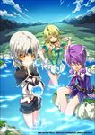  aisha_(elsword) another_code_(elsword) black_capelet blush brown_eyes capelet closed_eyes elf elsword empty_eyes eve_(elsword) fantasy green_hair long_hair magician_(elsword) multiple_girls nature official_art one_eye_closed pointy_ears purple_hair purple_skirt ranger_(elsword) rena_(elsword) ress robot_ears short_hair shorts sitting skirt soaking_feet water 