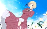  axis_powers_hetalia bad_id bad_pixiv_id banned_artist blonde_hair blue_eyes blush cloud day dress flat_chest flower hair_ribbon harano liechtenstein_(hetalia) lily_(flower) lingerie outdoors petals petticoat ribbon short_hair sky smile solo striped underwear wallpaper 